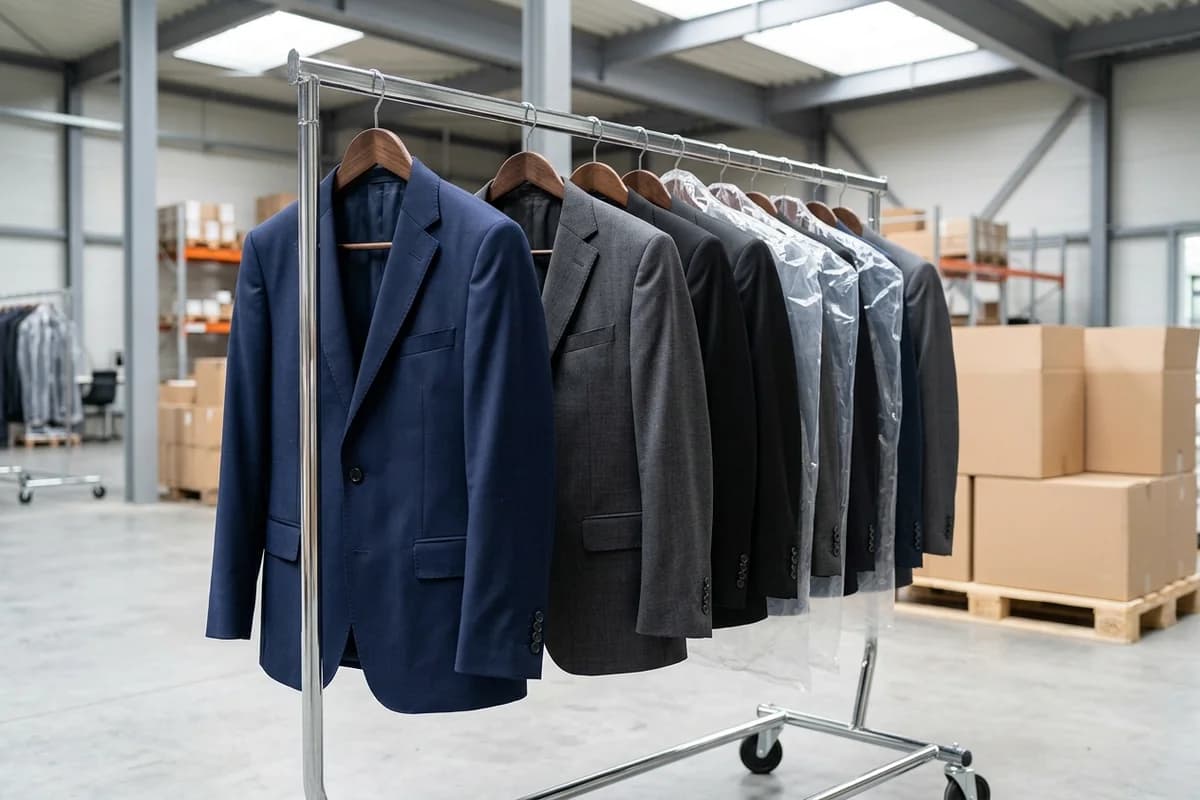 Мужские классические пиджаки на плечиках на рейле в инспекционной зоне склада