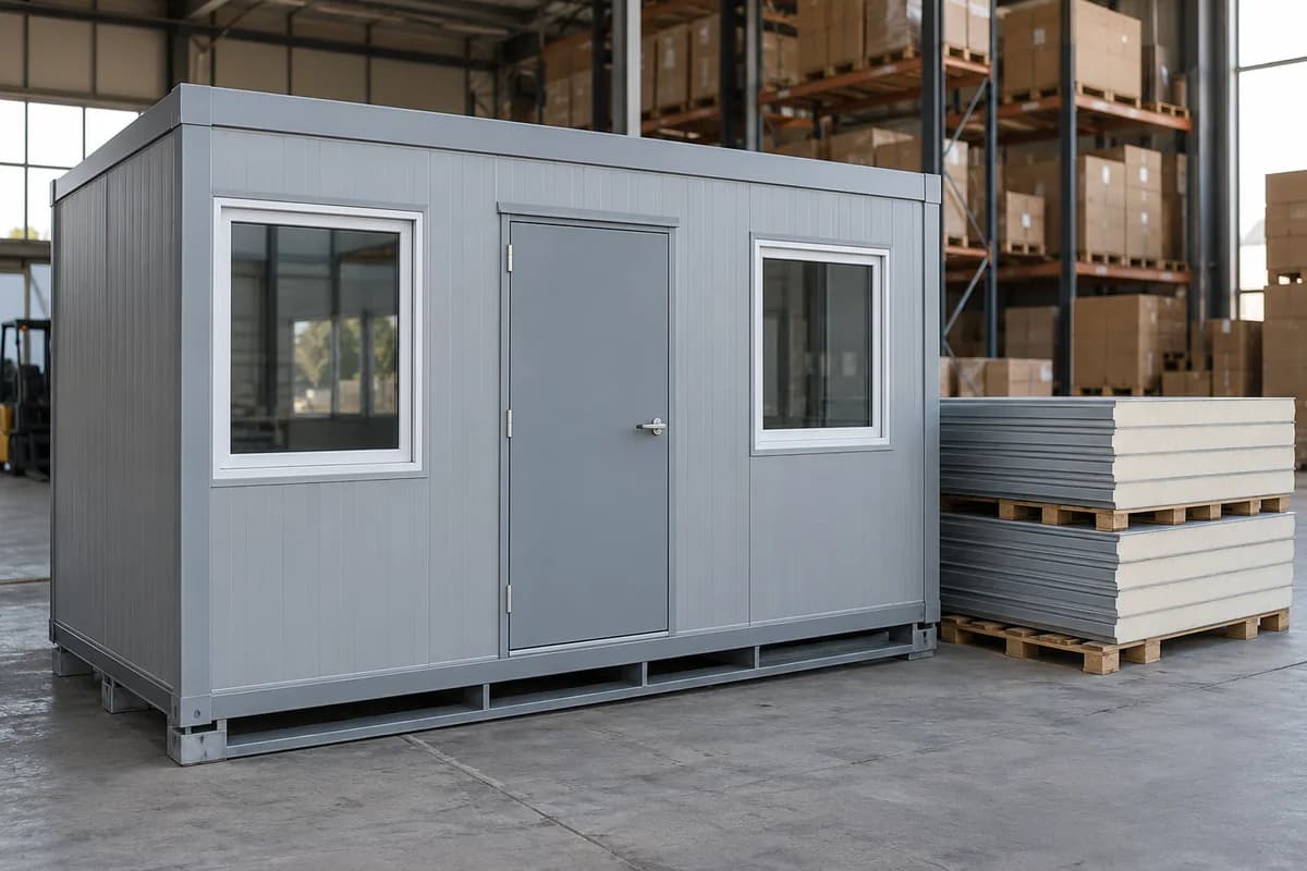 Модульная бытовка и упакованные стеновые панели у склада